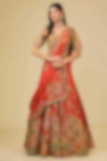 Red Chanderi Hand & Machine Embroidered Bridal Lehenga Set by Petticoat Lane at Pernia's Pop Up Shop