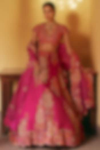 Fuchsia Pink Jamawar Organza Embroidered Bridal Lehenga Set by Petticoat Lane at Pernia's Pop Up Shop