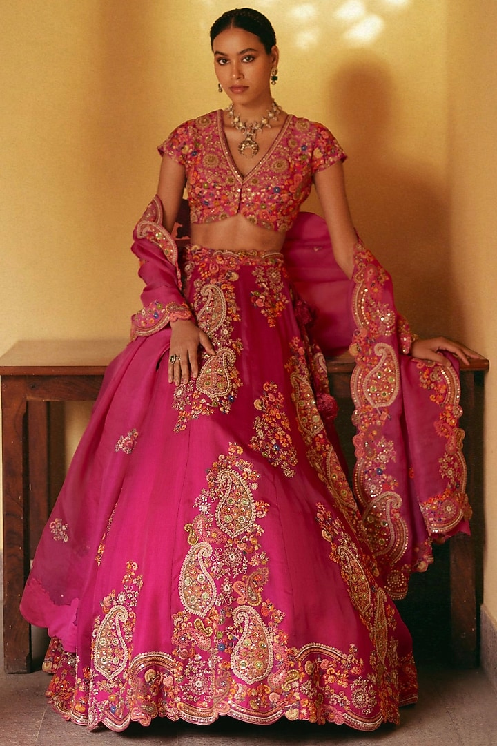 Fuchsia Pink Jamawar Organza Embroidered Bridal Lehenga Set by Petticoat Lane at Pernia's Pop Up Shop