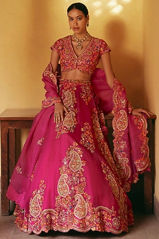 Fuchsia Pink Jamawar Organza Embroidered Lehenga Set by Petticoat Lane