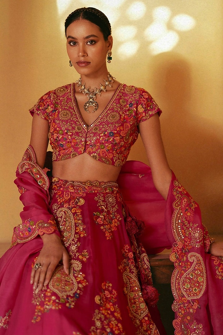 Fuchsia Pink Jamawar Organza Embroidered Bridal Lehenga Set by Petticoat Lane at Pernia's Pop Up Shop