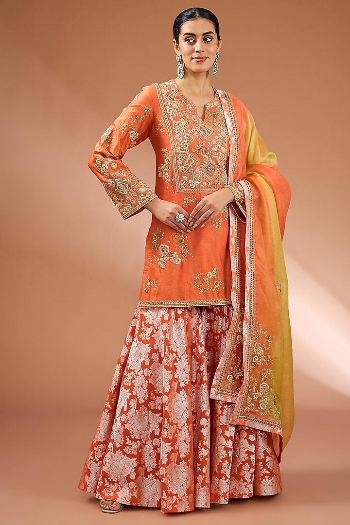 Orange Brocade Sharara Set by Petticoat Lane at Pernia's Pop Up Shop