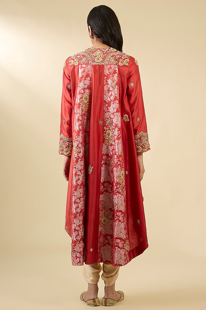 Red Shimmer Brocade High-Low Jacket Set by Petticoat Lane at Pernia's Pop Up Shop