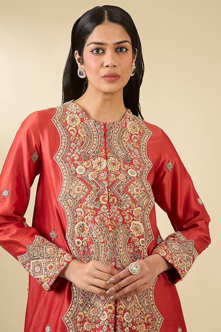 Red Shimmer Brocade High-Low Jacket Set by Petticoat Lane at Pernia's Pop Up Shop