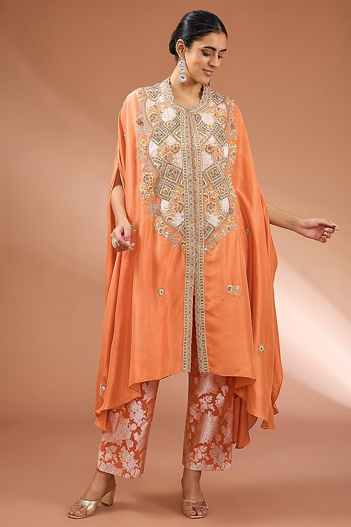 Orange Shimmer Brocade Chanderi Kaftan Set by Petticoat Lane at Pernia's Pop Up Shop