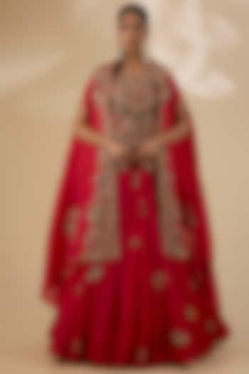 Red Organza Embroidered Cape Set by Petticoat Lane at Pernia's Pop Up Shop