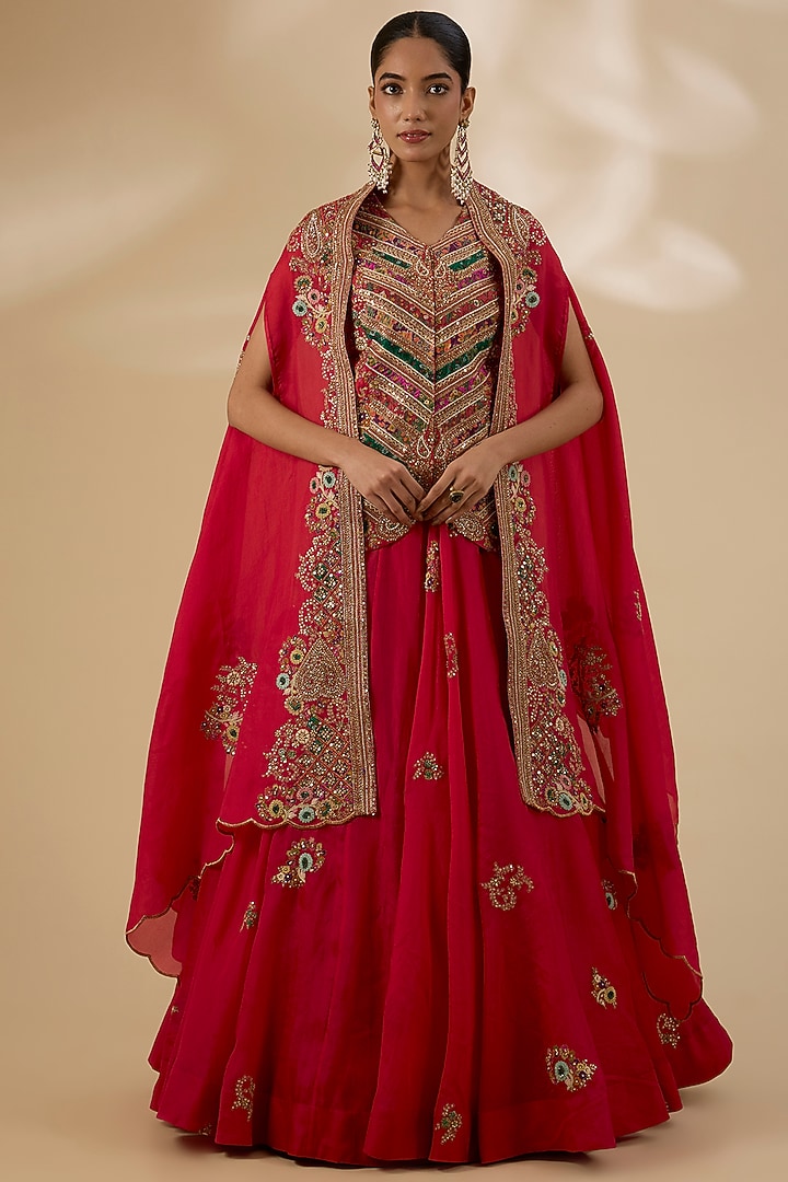 Red Organza Embroidered Cape Set by Petticoat Lane at Pernia's Pop Up Shop