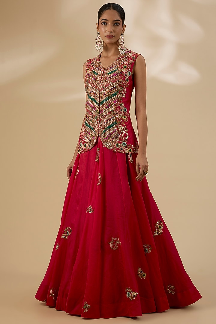 Red Organza Embroidered Cape Set by Petticoat Lane at Pernia's Pop Up Shop