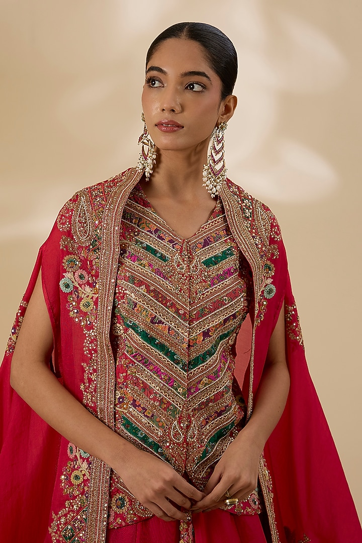 Red Organza Embroidered Cape Set by Petticoat Lane at Pernia's Pop Up Shop
