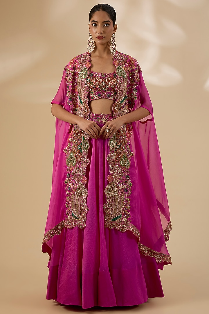 Fuchsia Pink Organza Embroidered Cape Set by Petticoat Lane at Pernia's Pop Up Shop