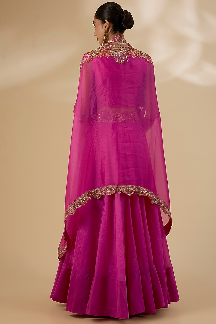 Fuchsia Pink Organza Embroidered Cape Set by Petticoat Lane at Pernia's Pop Up Shop