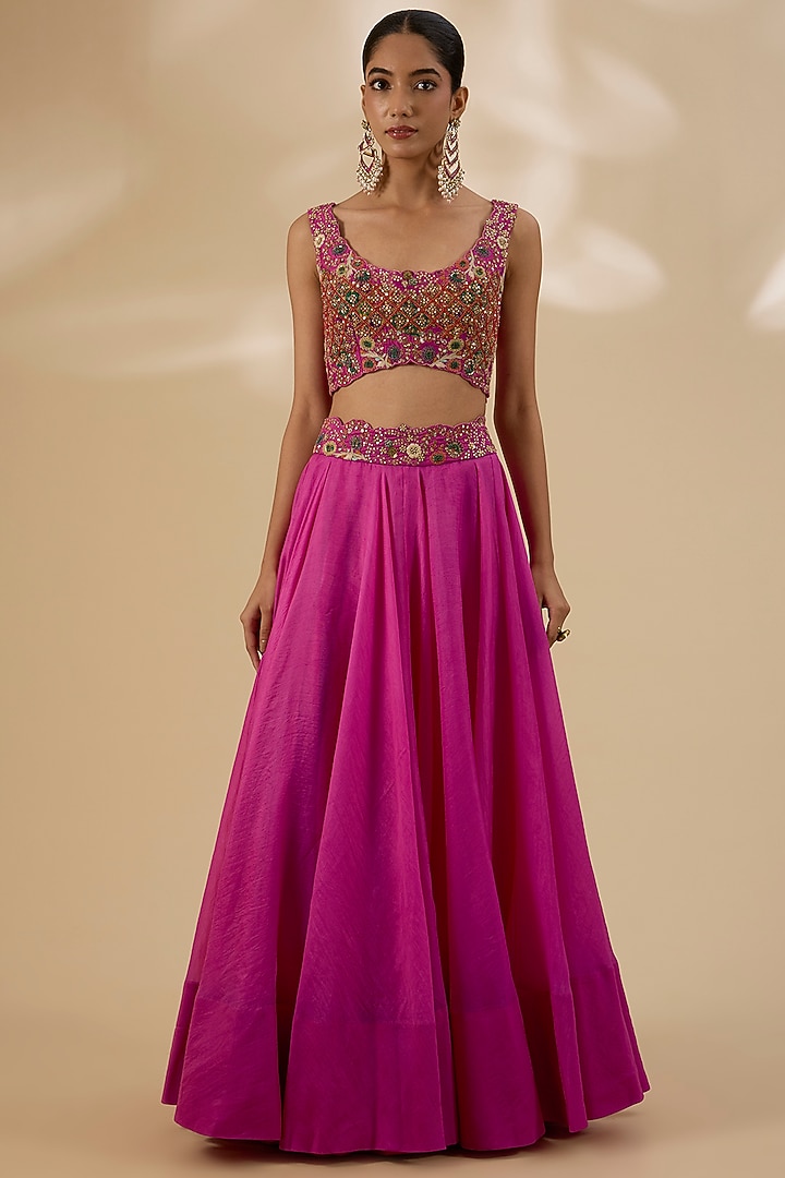 Fuchsia Pink Organza Embroidered Cape Set by Petticoat Lane at Pernia's Pop Up Shop