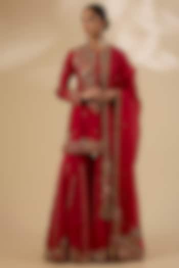 Red Chanderi Embroidered Bridal Sharara Set by Petticoat Lane at Pernia's Pop Up Shop