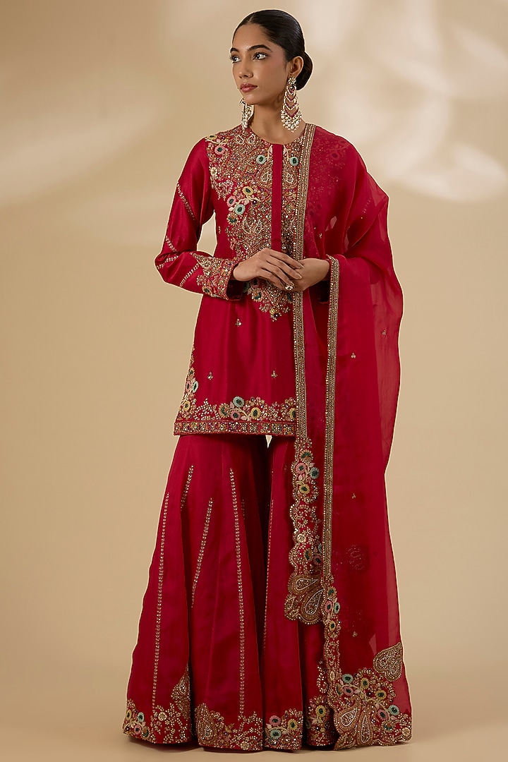 Red Chanderi Embroidered Bridal Sharara Set by Petticoat Lane at Pernia's Pop Up Shop