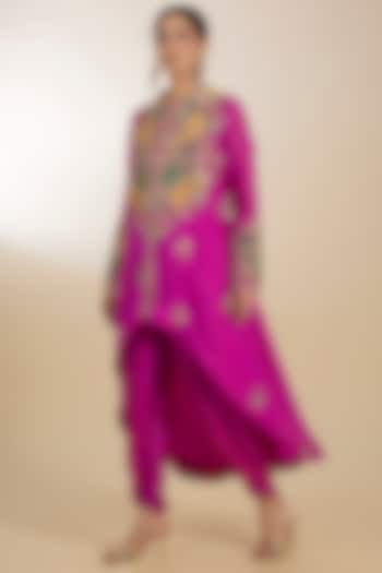 Fuchsia Satin Patchwork High-Low Kurta Set by Petticoat Lane at Pernia's Pop Up Shop
