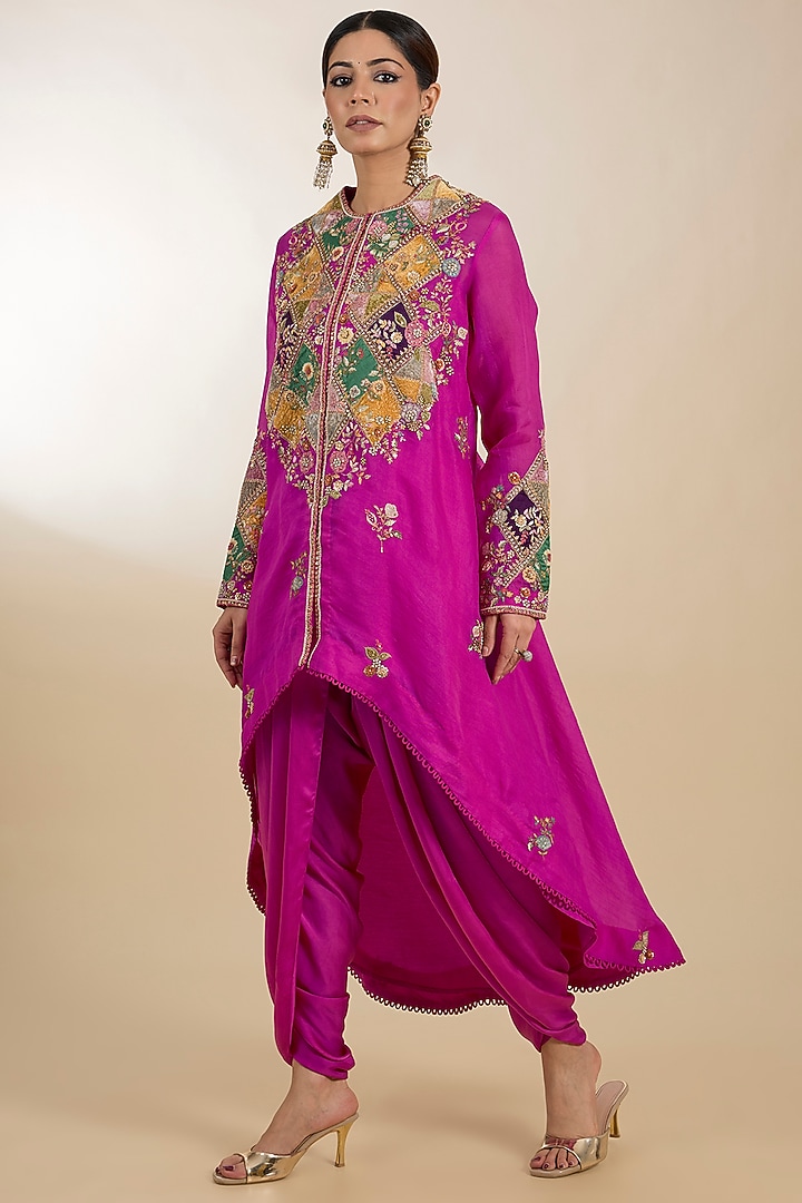 Fuchsia Satin Patchwork High-Low Kurta Set by Petticoat Lane at Pernia's Pop Up Shop