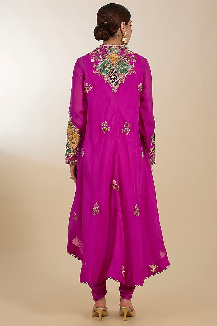 Fuchsia Satin Patchwork High-Low Kurta Set by Petticoat Lane at Pernia's Pop Up Shop