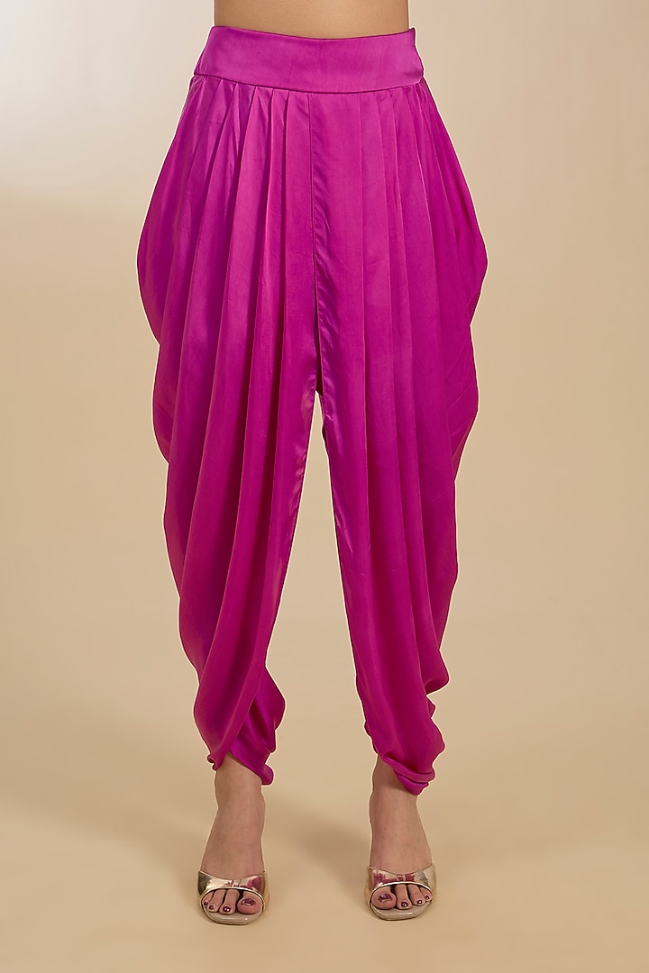 Fuchsia Satin Patchwork High-Low Kurta Set by Petticoat Lane at Pernia's Pop Up Shop