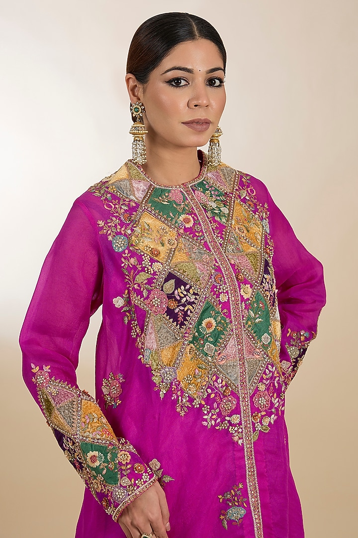 Fuchsia Satin Patchwork High-Low Kurta Set by Petticoat Lane at Pernia's Pop Up Shop