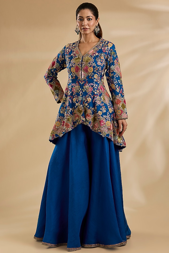 Blue Organza Patchwork Peplum Kurta Set by Petticoat Lane at Pernia's Pop Up Shop