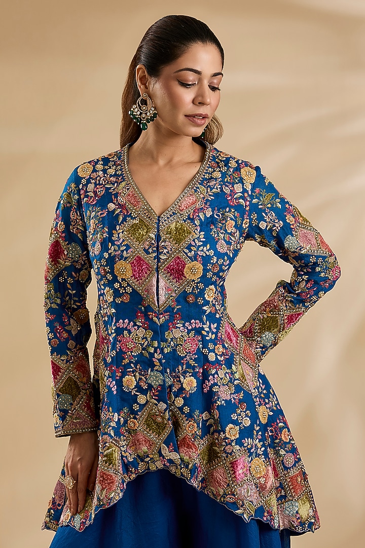 Blue Organza Patchwork Peplum Kurta Set by Petticoat Lane at Pernia's Pop Up Shop