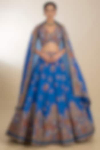 Blue Dupion Hand Embroidered Kali Bridal Lehenga Set by Petticoat Lane at Pernia's Pop Up Shop