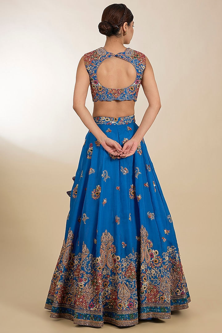 Blue Dupion Hand Embroidered Kali Bridal Lehenga Set by Petticoat Lane at Pernia's Pop Up Shop