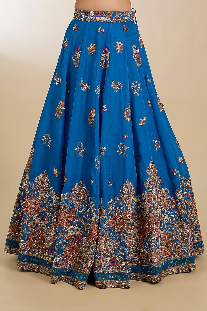 Blue Dupion Hand Embroidered Kali Bridal Lehenga Set by Petticoat Lane at Pernia's Pop Up Shop