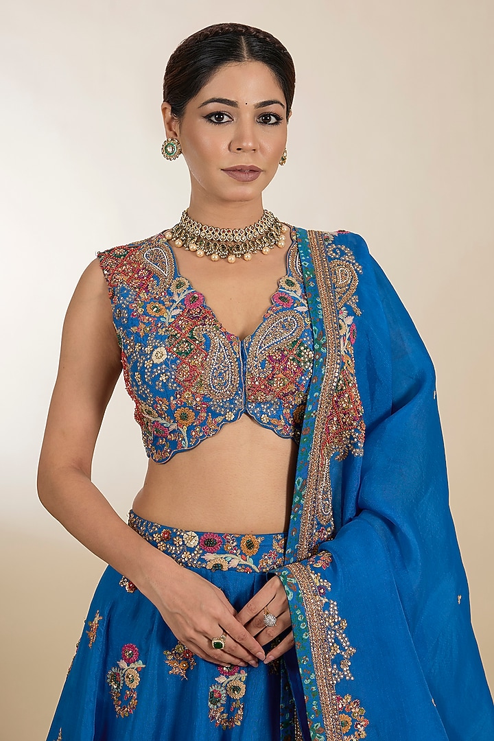 Blue Dupion Hand Embroidered Kali Bridal Lehenga Set by Petticoat Lane at Pernia's Pop Up Shop