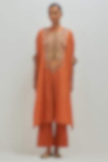 Orange Dupion Silk Embroidered Kaftan Set by Petticoat Lane at Pernia's Pop Up Shop