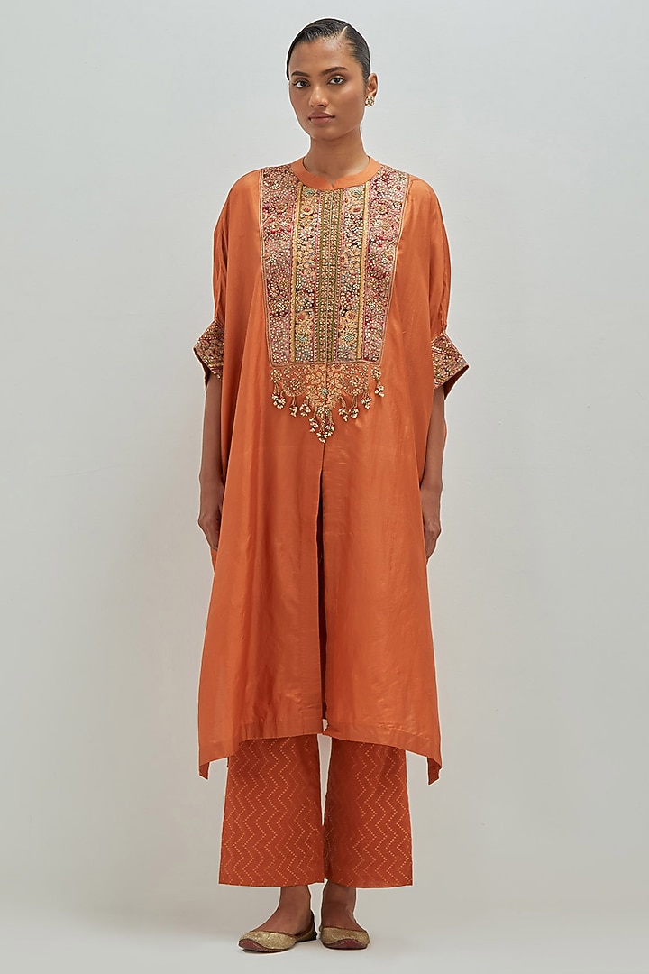Orange Dupion Silk Embroidered Kaftan Set by Petticoat Lane at Pernia's Pop Up Shop