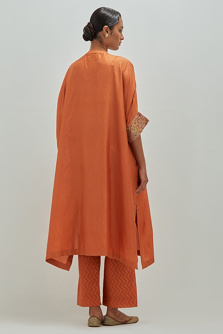 Orange Dupion Silk Embroidered Kaftan Set by Petticoat Lane at Pernia's Pop Up Shop