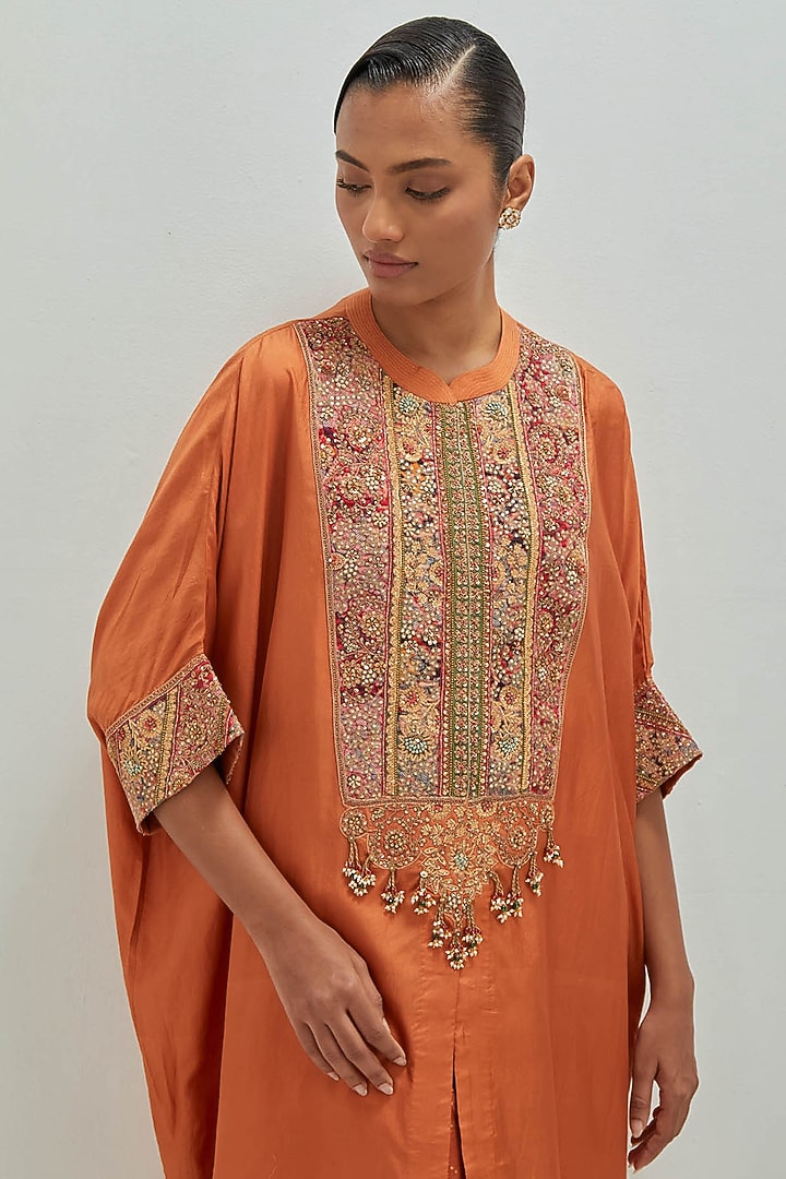 Orange Dupion Silk Embroidered Kaftan Set by Petticoat Lane at Pernia's Pop Up Shop