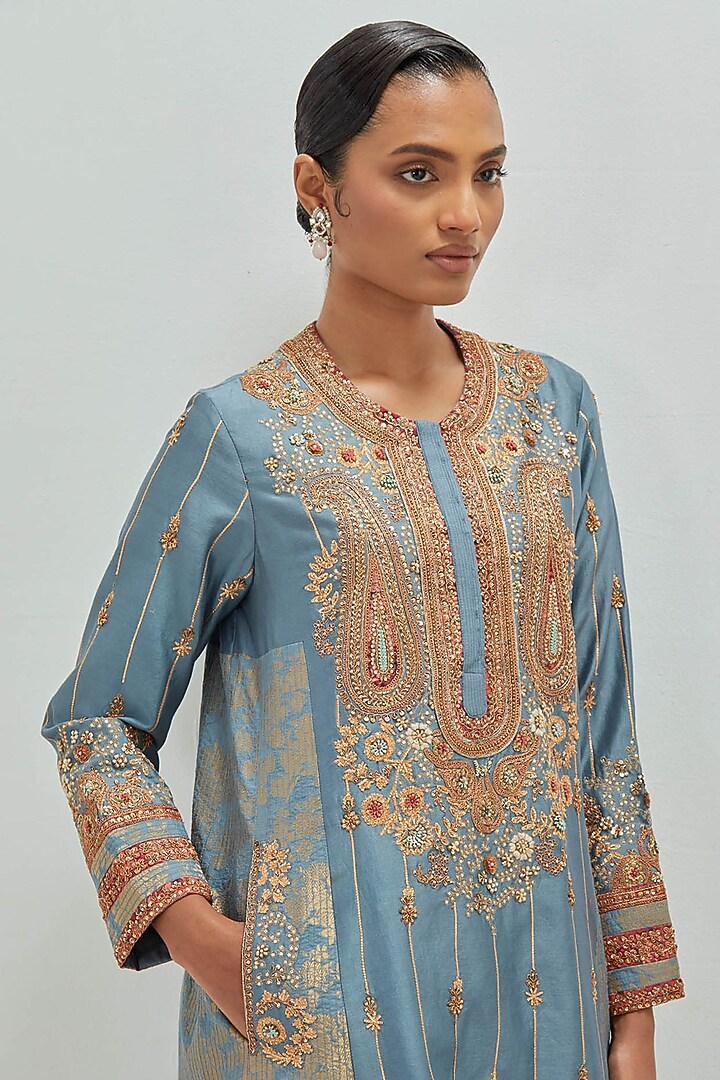 Grey Satin Chanderi Embroidered Kurta Set by Petticoat Lane at Pernia's Pop Up Shop