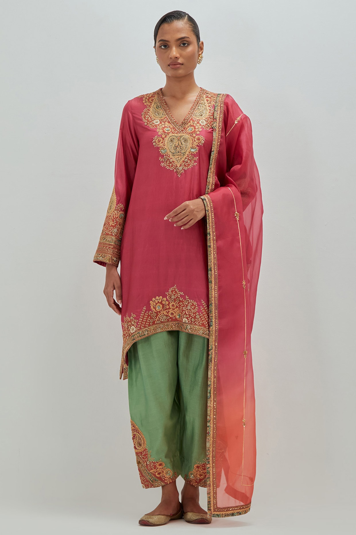 Petticoat Lane Banarasi Pink Dupion Silk Embroidered Asymmetrical Kurta Set
