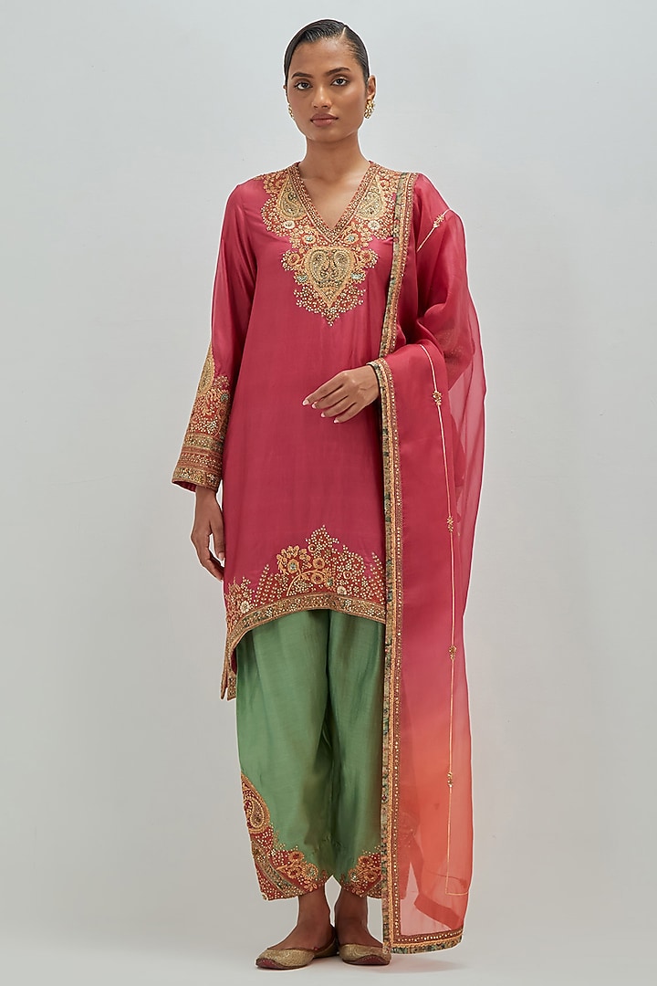 Banarasi Pink Dupion Silk Embroidered Asymmetrical Kurta Set by Petticoat Lane at Pernia's Pop Up Shop