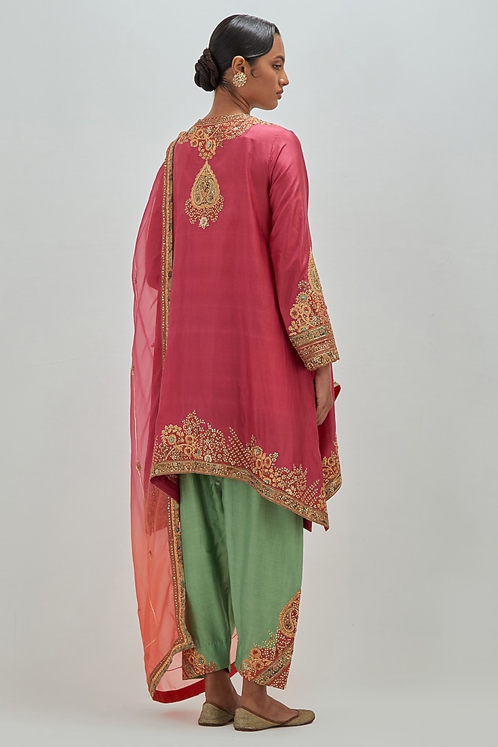 Banarasi Pink Dupion Silk Embroidered Asymmetrical Kurta Set by Petticoat Lane at Pernia's Pop Up Shop