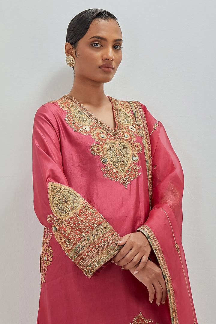 Banarasi Pink Dupion Silk Embroidered Asymmetrical Kurta Set by Petticoat Lane at Pernia's Pop Up Shop