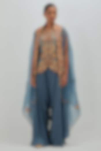 Grey Satin Embroidered Asymmetrical Kurta Set by Petticoat Lane at Pernia's Pop Up Shop