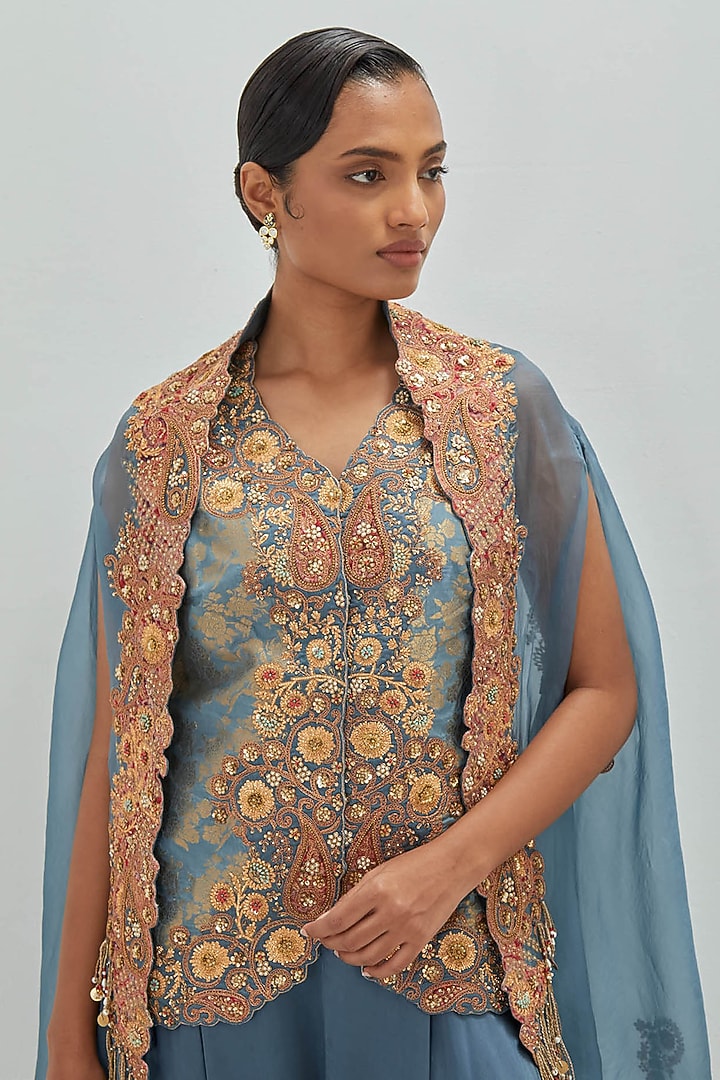 Grey Satin Embroidered Asymmetrical Kurta Set by Petticoat Lane at Pernia's Pop Up Shop
