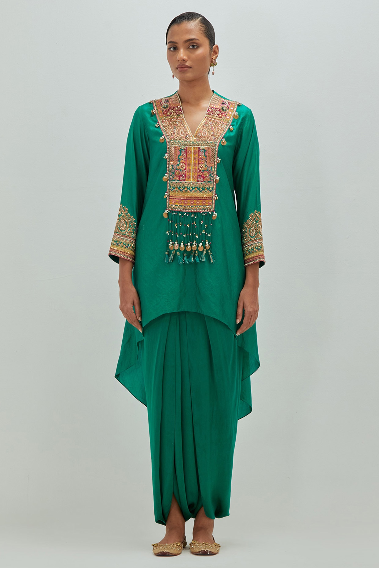 Petticoat Lane Peacock Green Dupion Silk Embroidered Asymmetrical Kurta Set