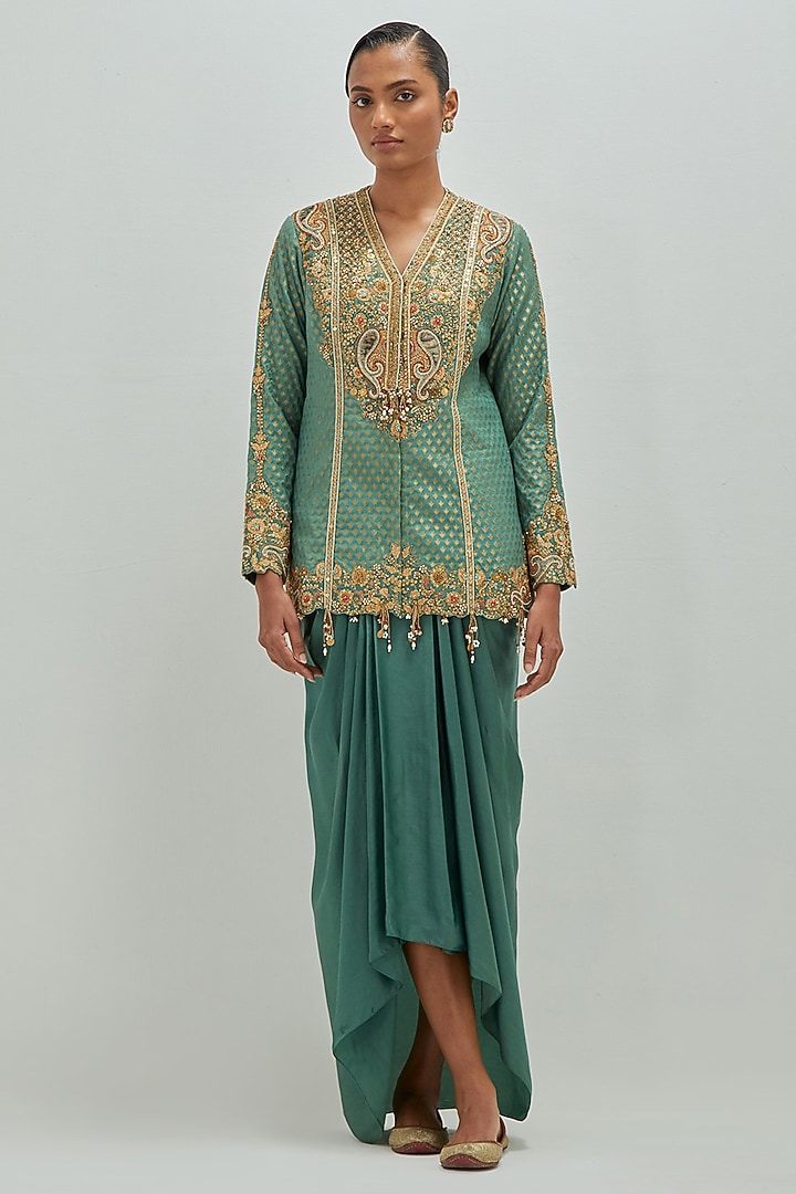 Teal Green Brocade & Satin Jacket Set by Petticoat Lane at Pernia's Pop Up Shop