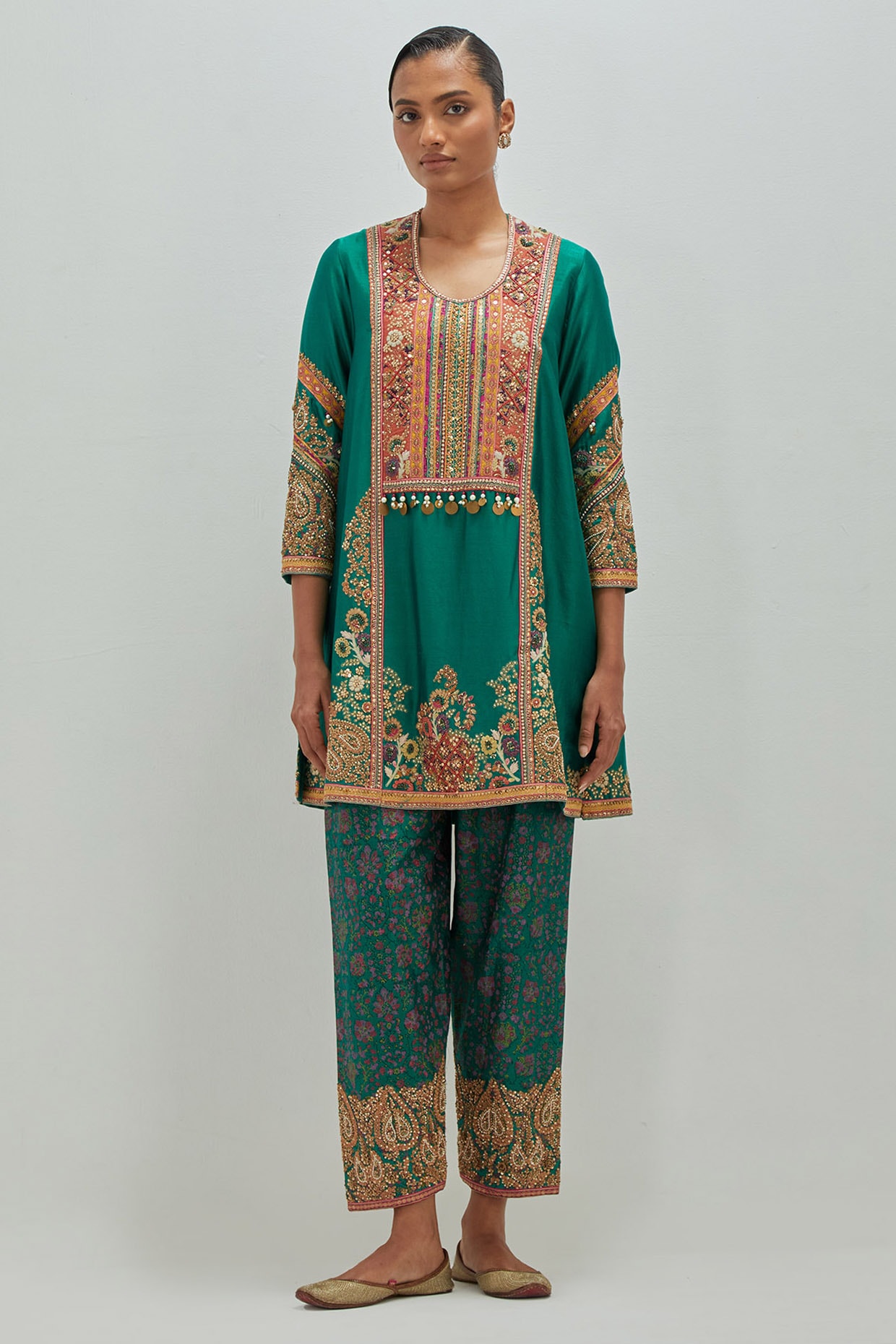 Petticoat Lane Peacock Green Chanderi Embroidered Kurta Set
