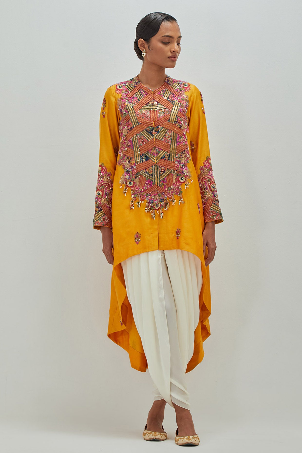 Petticoat Lane Mustard Chanderi High-Low Kurta Set