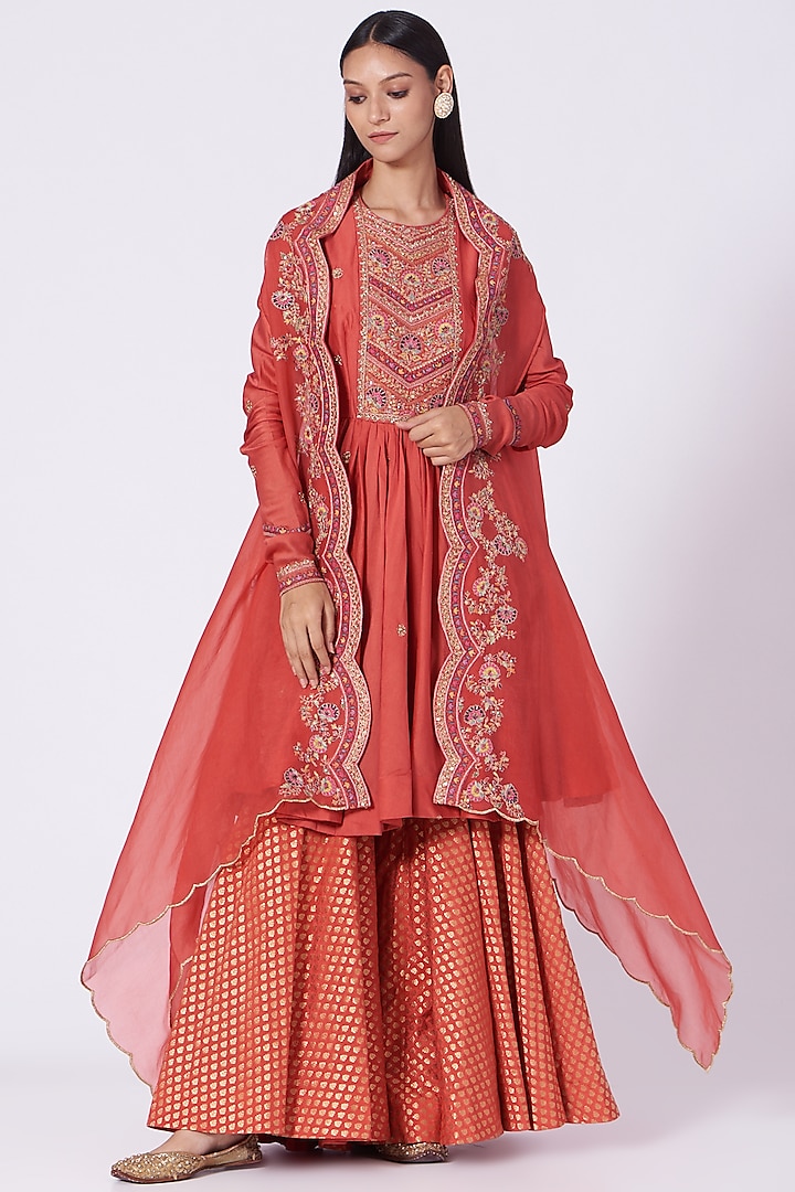 Red Chanderi Sharara Set by Petticoat Lane