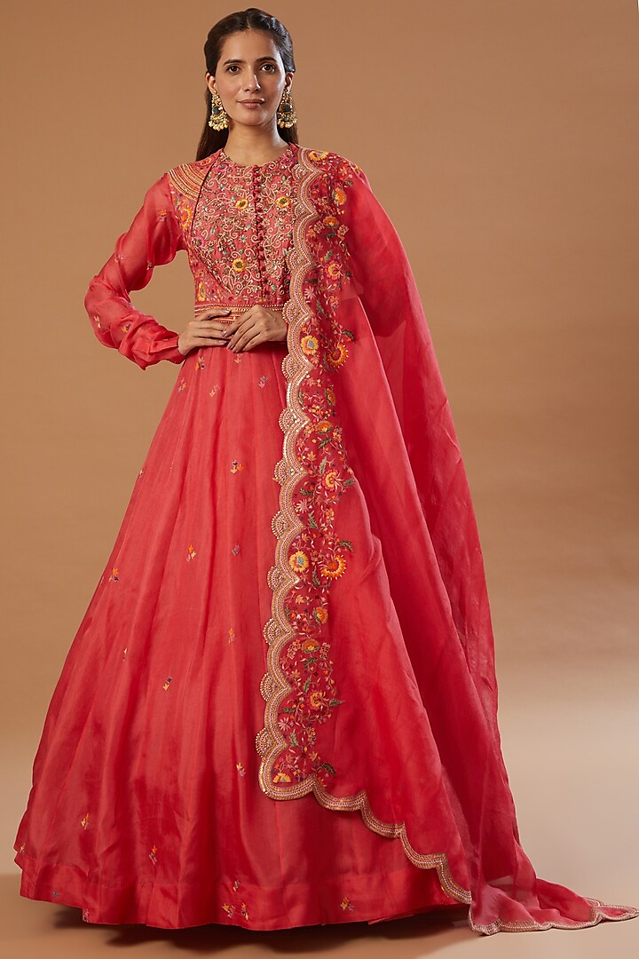 Tomato Red Embroidered Anarkali Set by Petticoat Lane