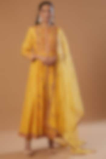 Mango Yellow Embroidered Anarkali Set by Petticoat Lane