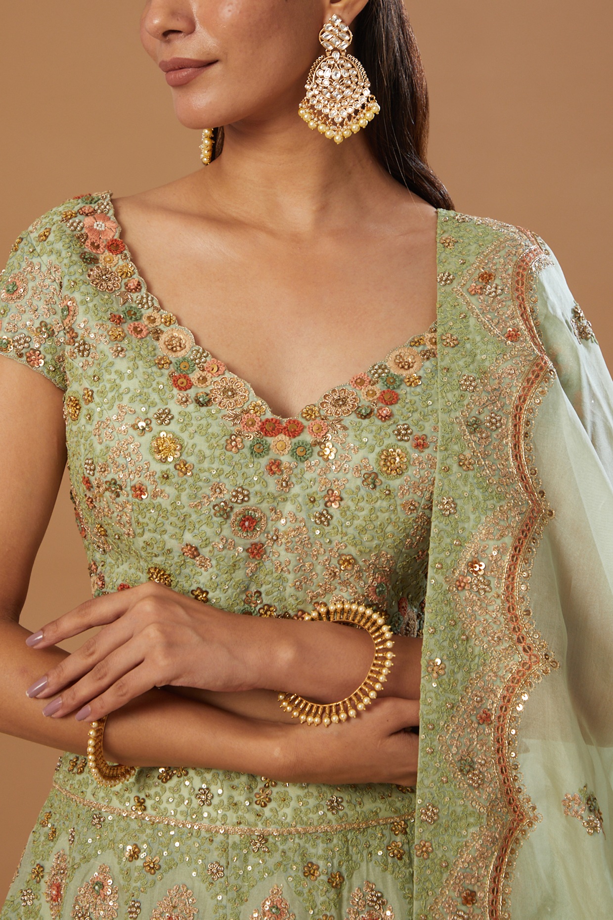 Light Green Thread Embroidered Net Lehenga – Maharani