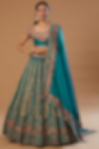 Turquoise Blue Embroidered Bridal Lehenga Set by Petticoat Lane at Pernia's Pop Up Shop