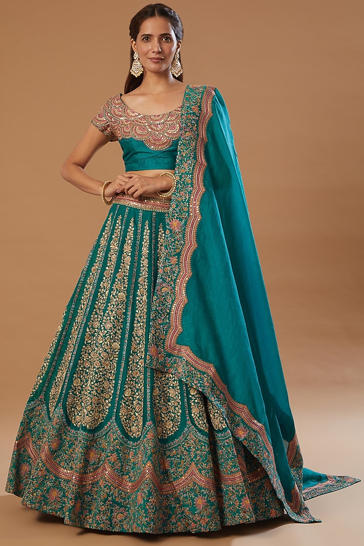 Turquoise Blue Embroidered Bridal Lehenga Set by Petticoat Lane at Pernia's Pop Up Shop
